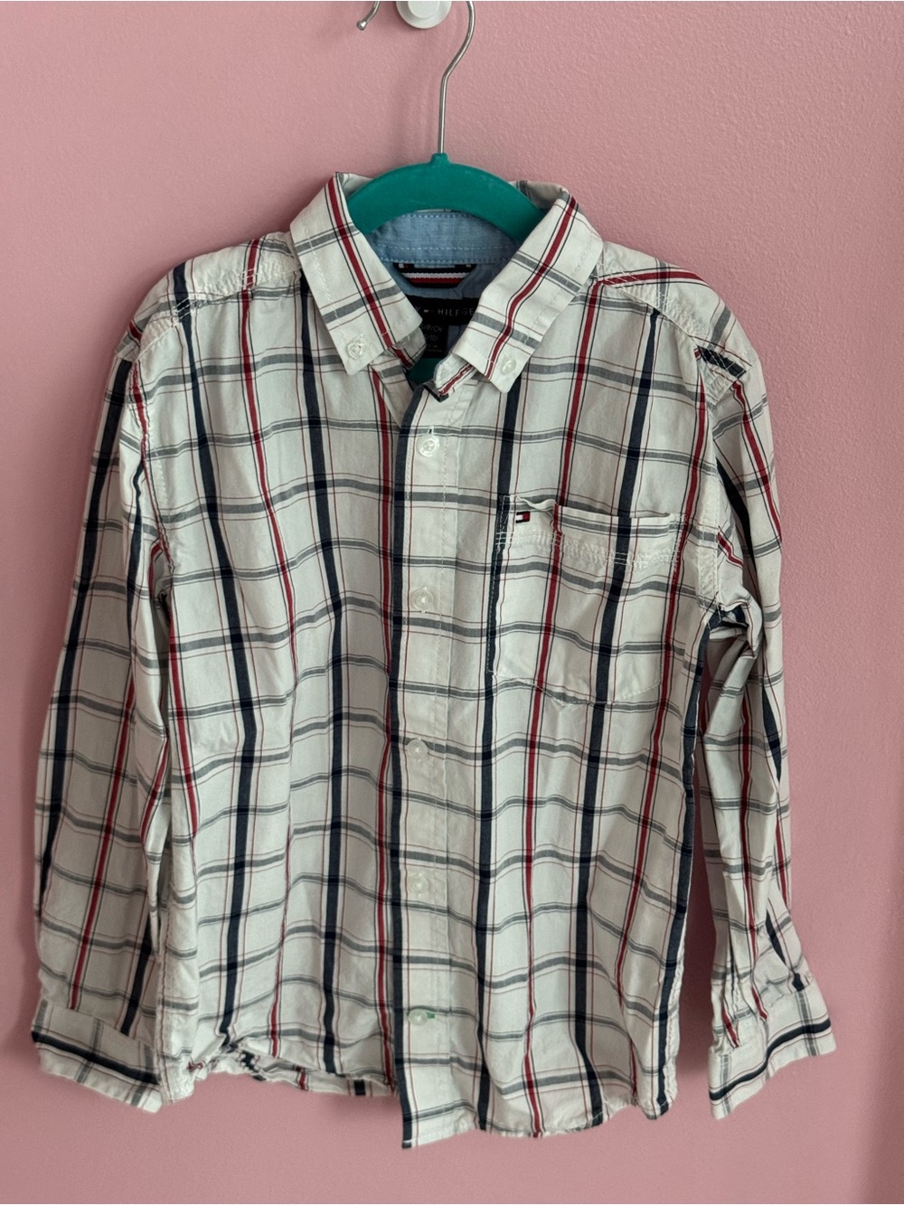 Tommy Hilfiger White Plaid Button-Down Shirt with Navy & Red Stripes